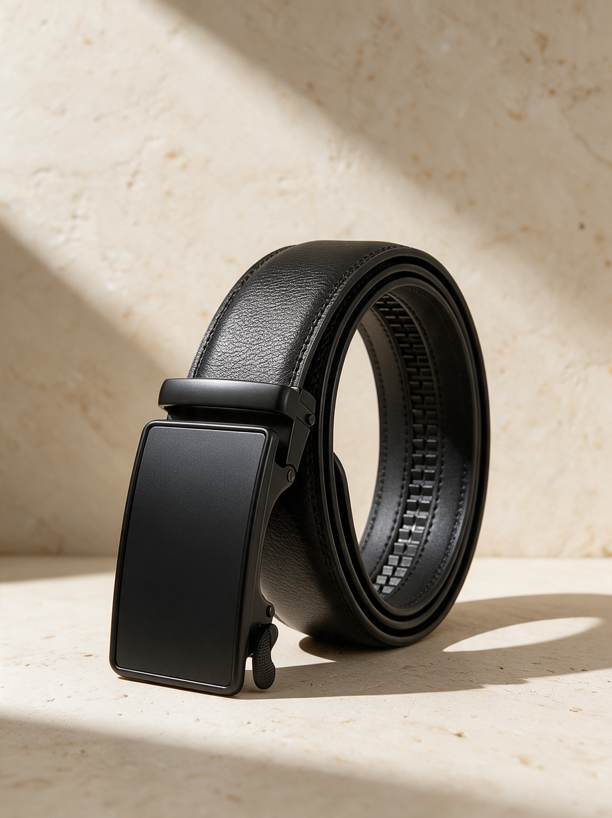 Automatic belt, black leather, matte black buckle, on warm stone
