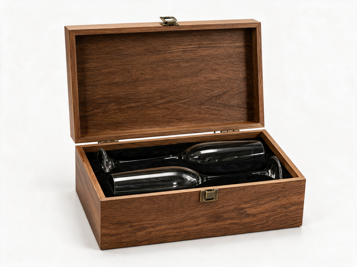 The Champagne Flute Gift Set box open, both flutes in their velvet insert