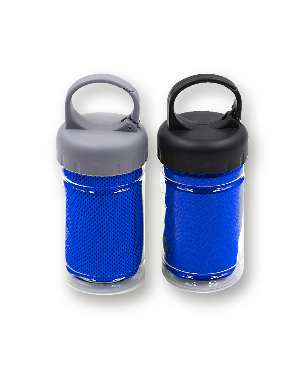 Cooling towels rolled in clear carry bottles with clip caps