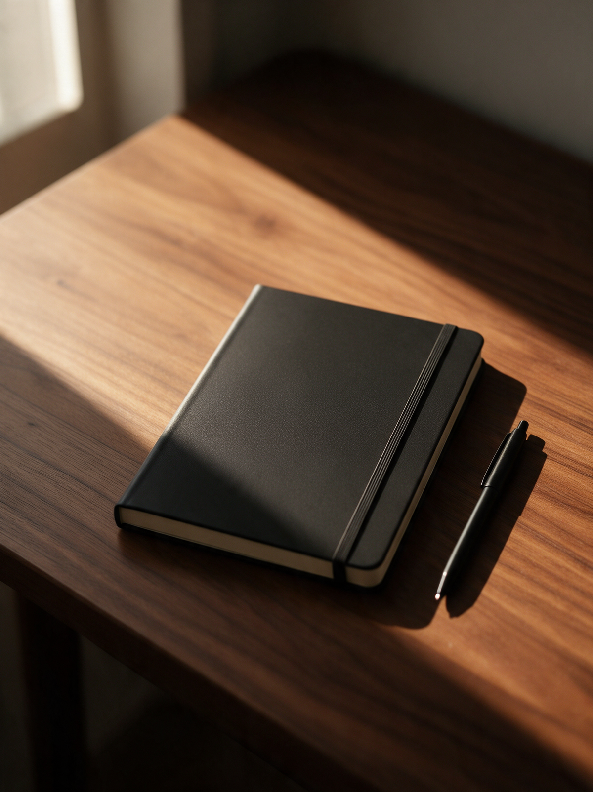 A5 hardcover notebook in black, on a walnut desk