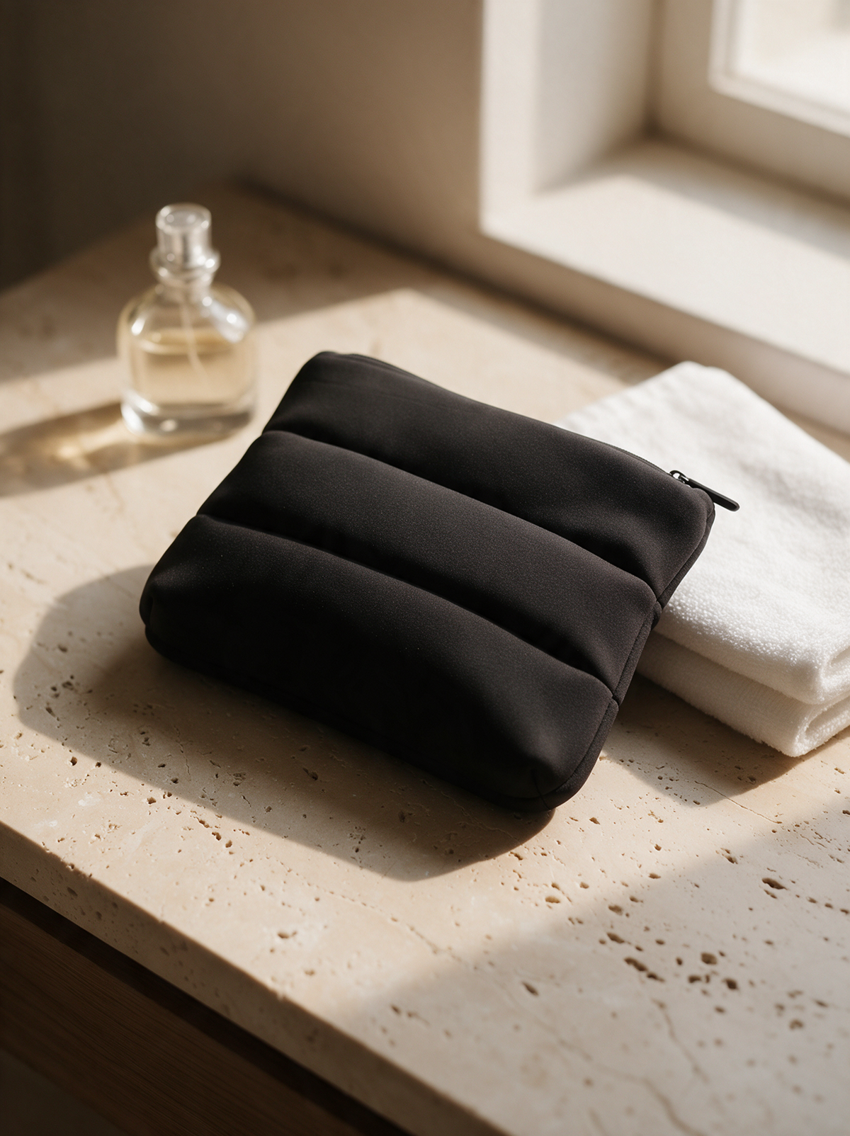 Padded cosmetic pouch in black, on a travertine vanity