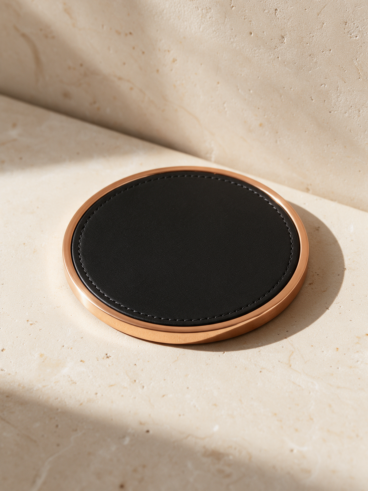 The Coaster in black leather with a rose gold rim, on warm stone