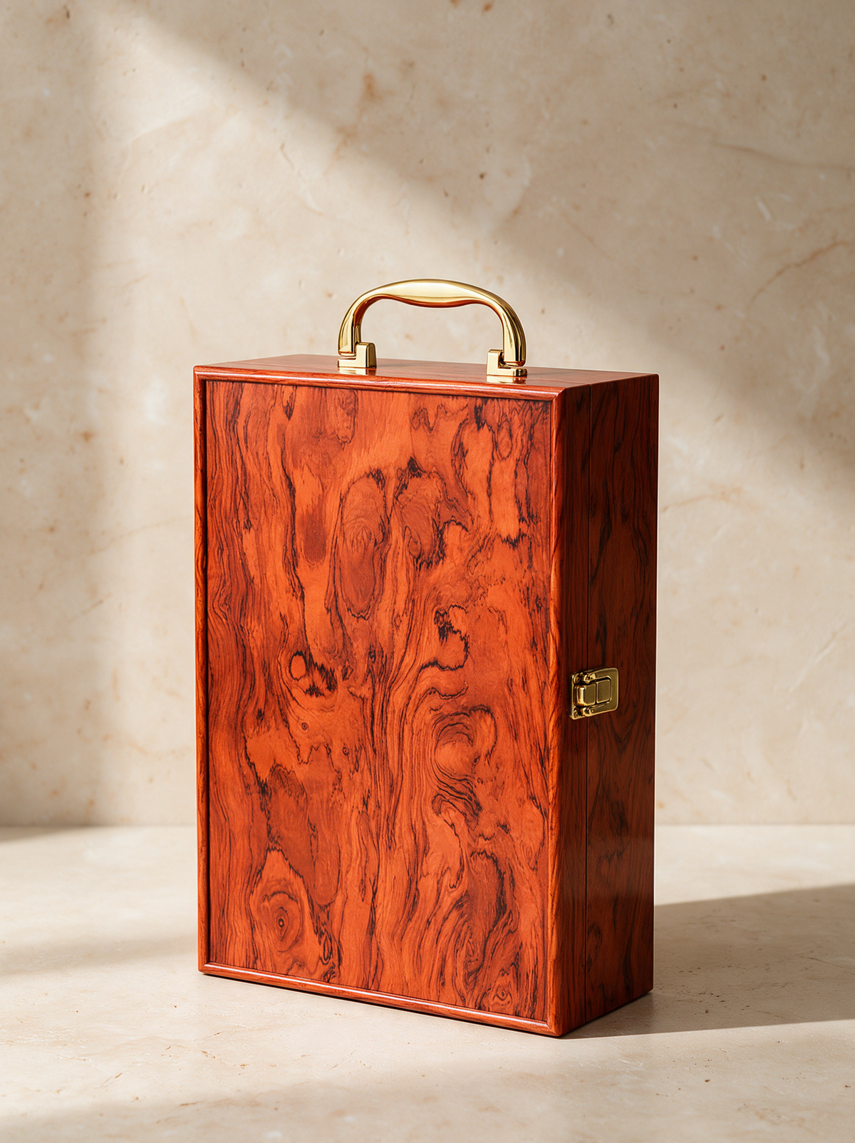 Double wine box, Burl, on warm stone