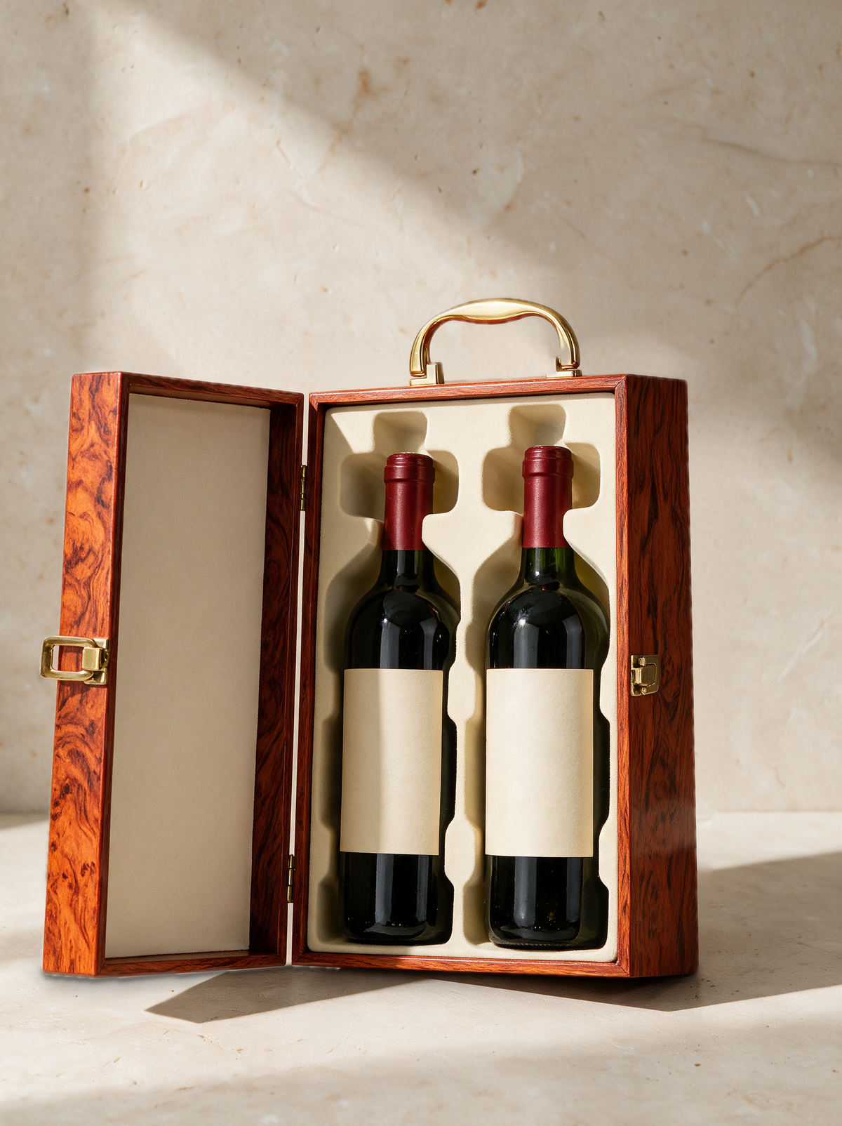 Double wine box, Burl, open with two bottles inside