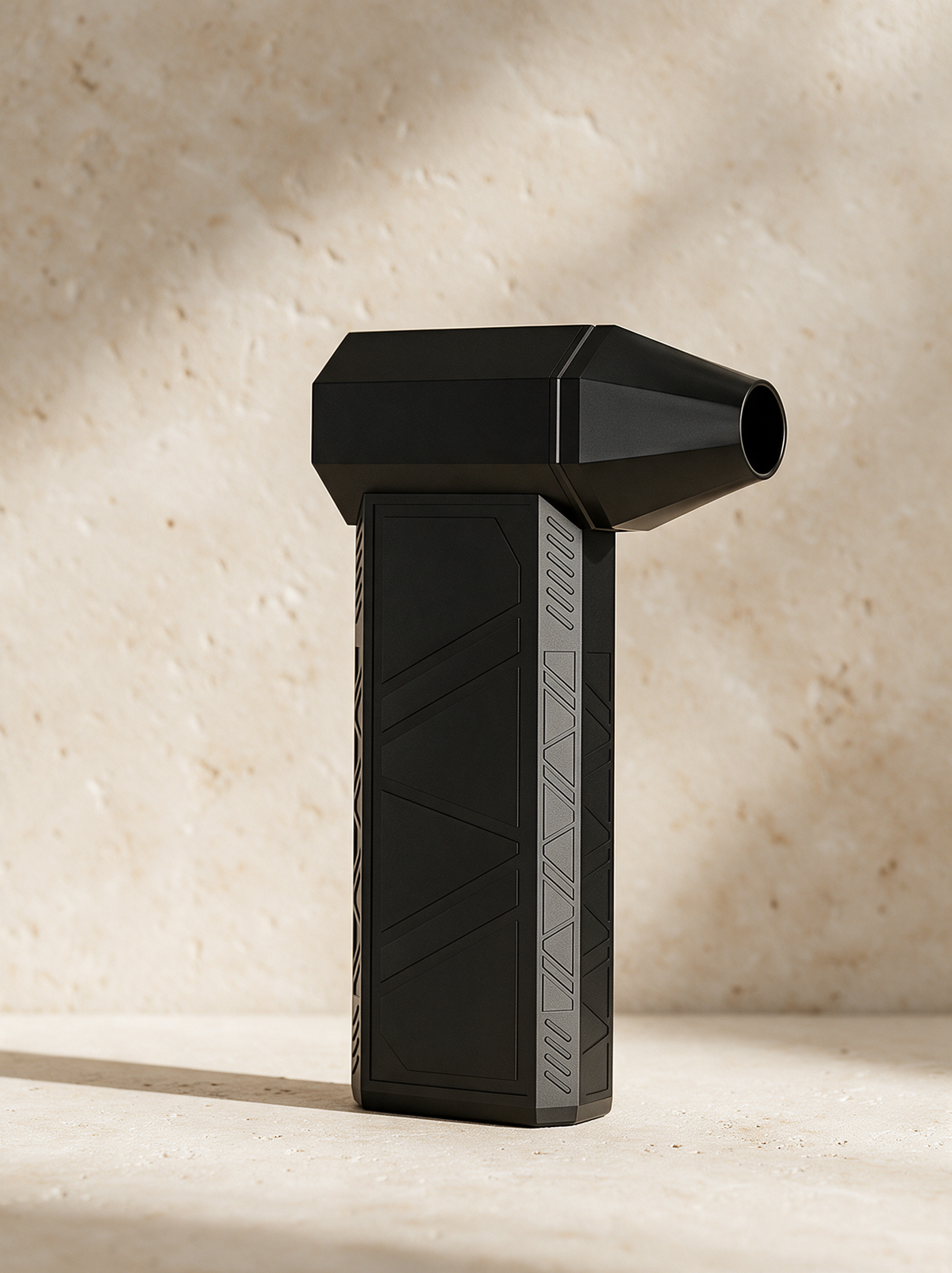 The Turbo Fan in matte black, standing on warm stone