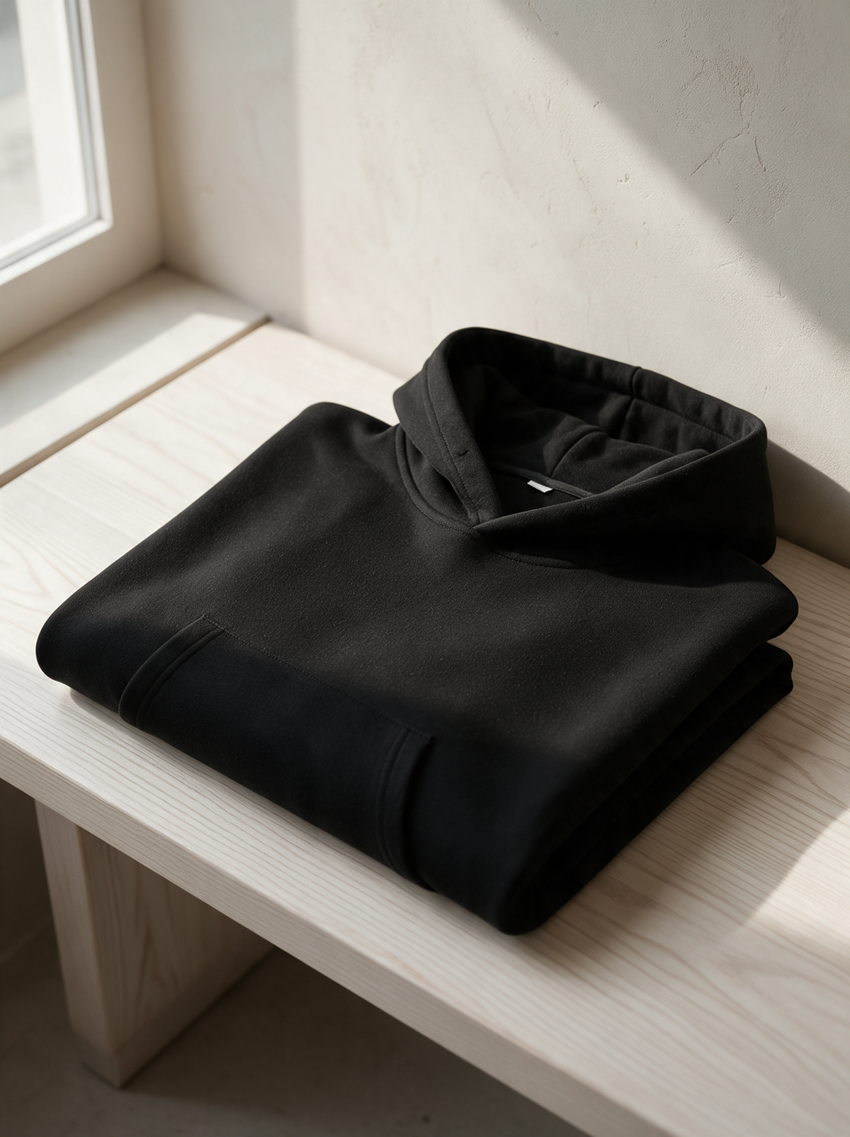 Black hoodie folded on a white oak bench