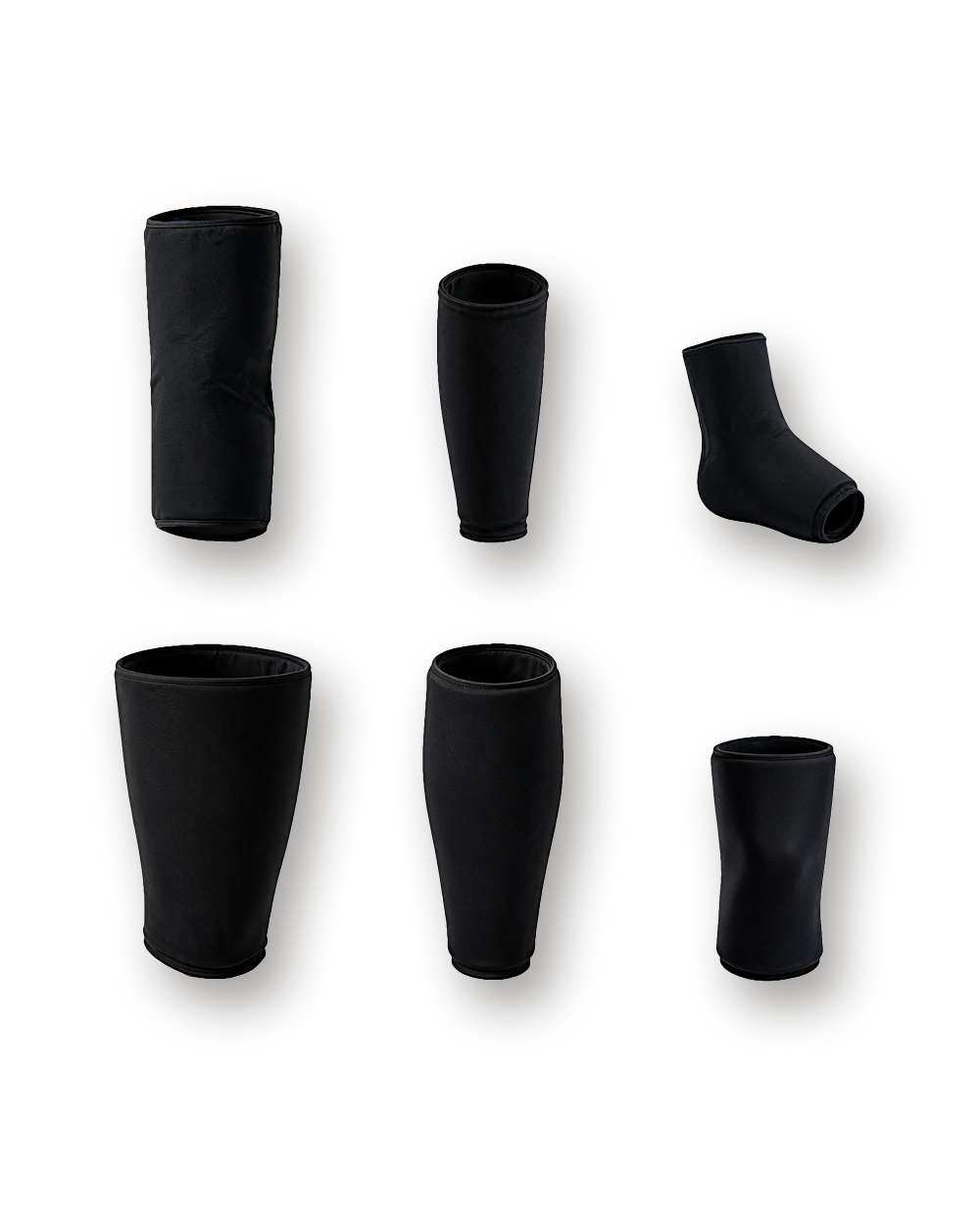 All six hot and cold gel sleeves: elbow, wrist and forearm, ankle, hamstring and quad, calf and shin, knee