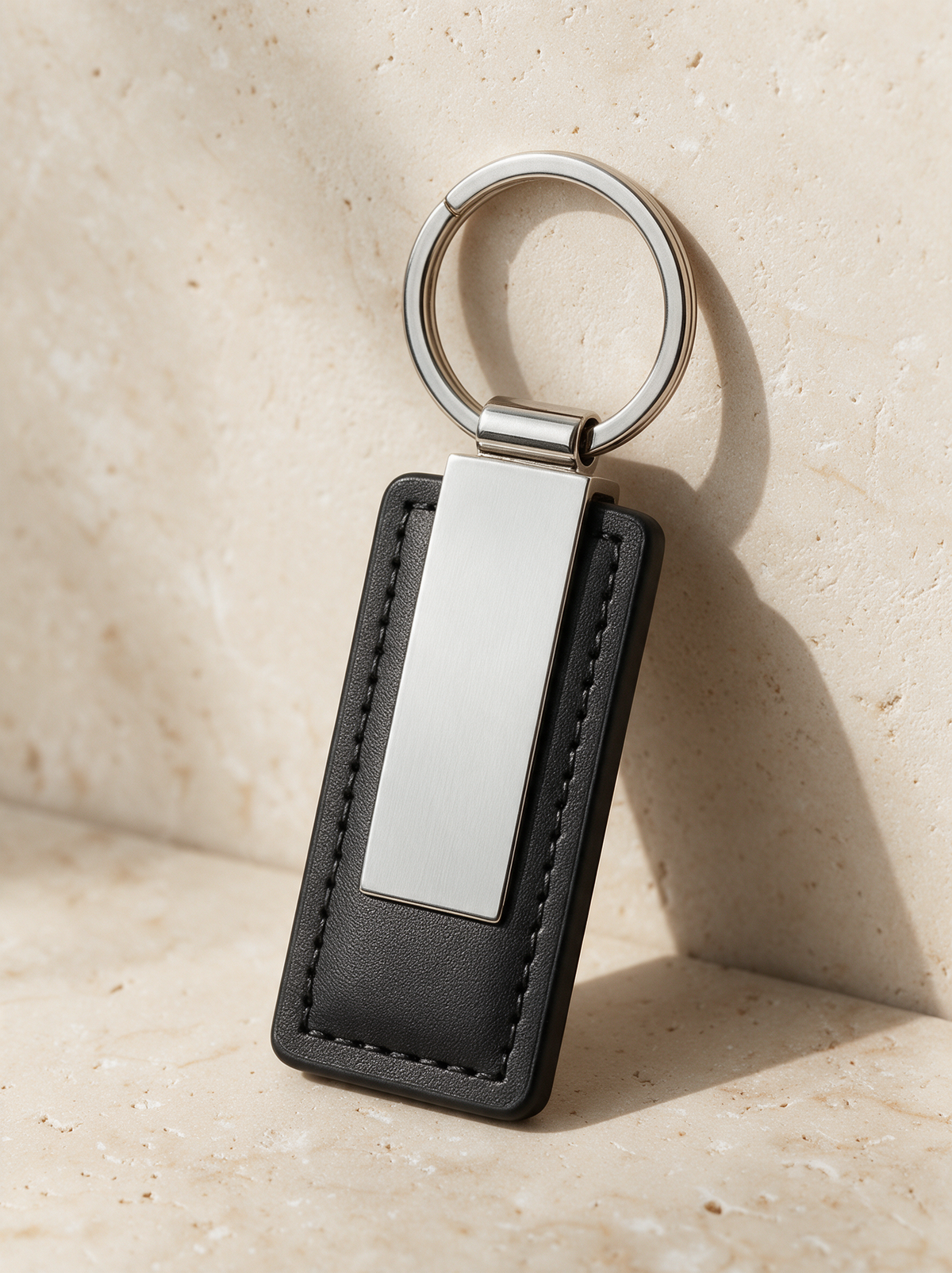 The Key Chain in black, on warm stone