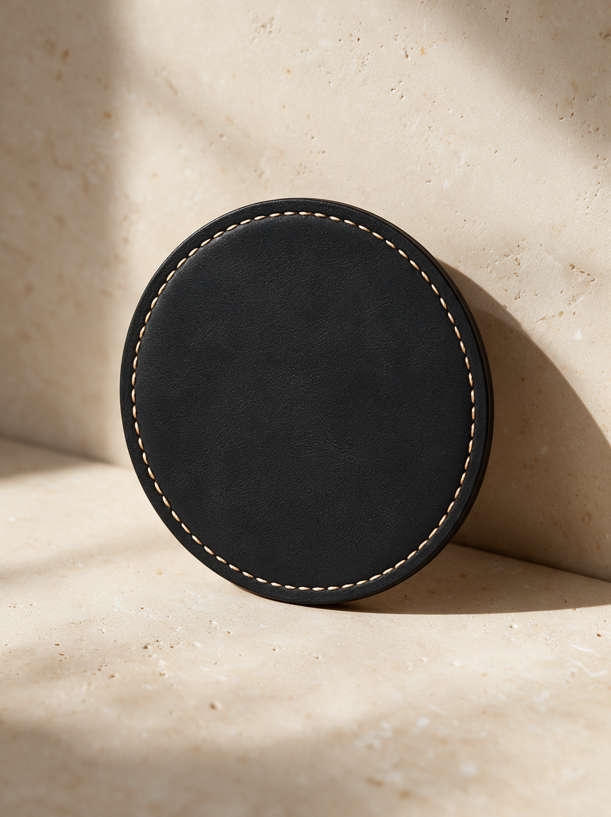 The Leather Coaster in black, on warm stone