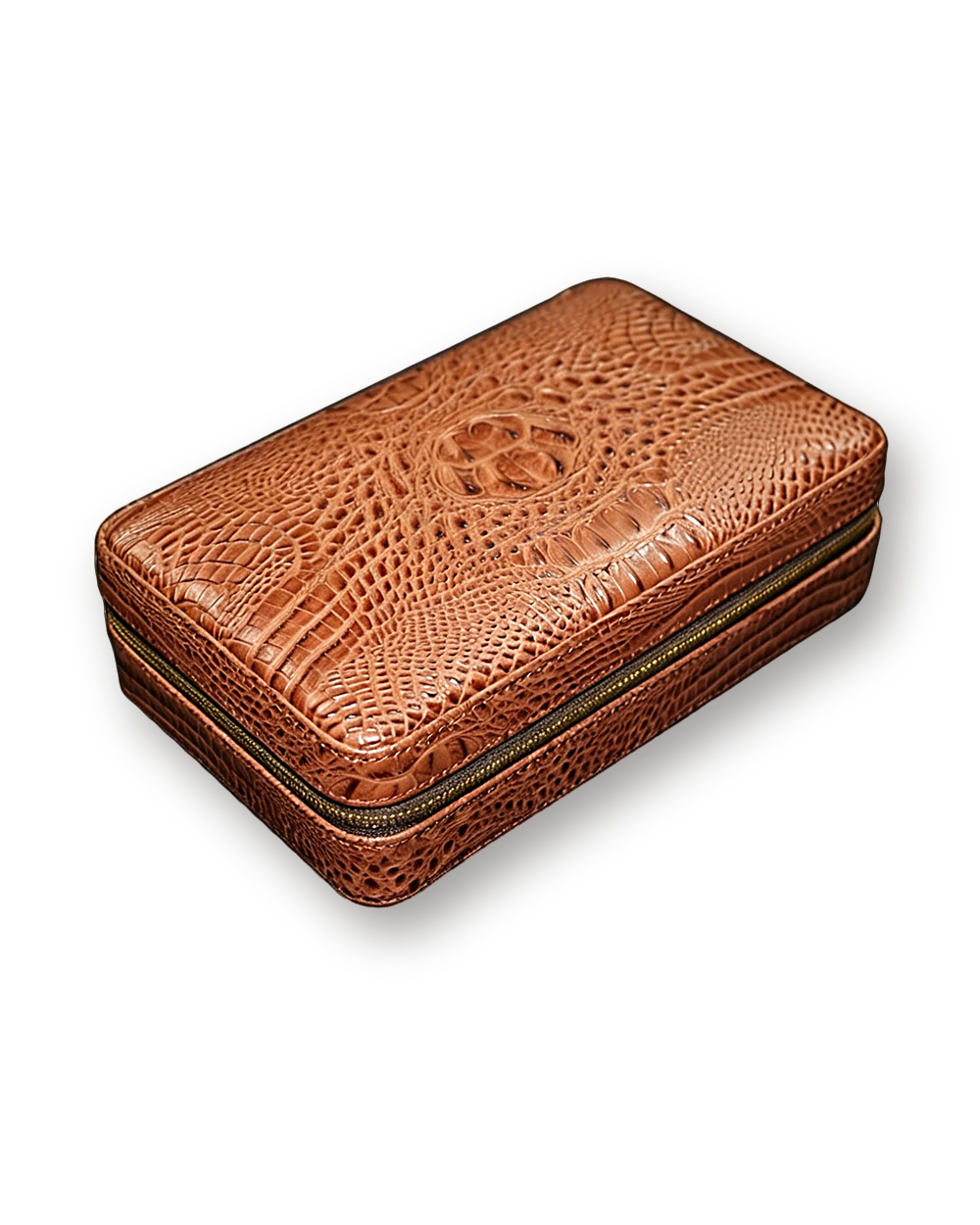 Leather humidor closed, textured brown leather with a full zip