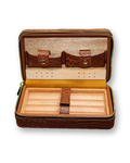 Leather humidor open: cedar tray for four cigars, the humidifier bar and two snap pockets in the lid