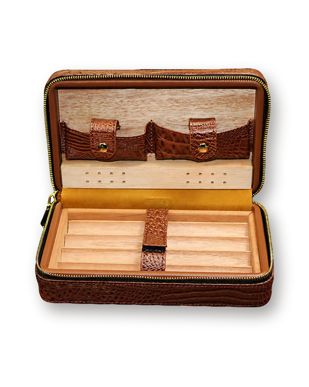 Leather humidor open: cedar tray for four cigars, the humidifier bar and two snap pockets in the lid