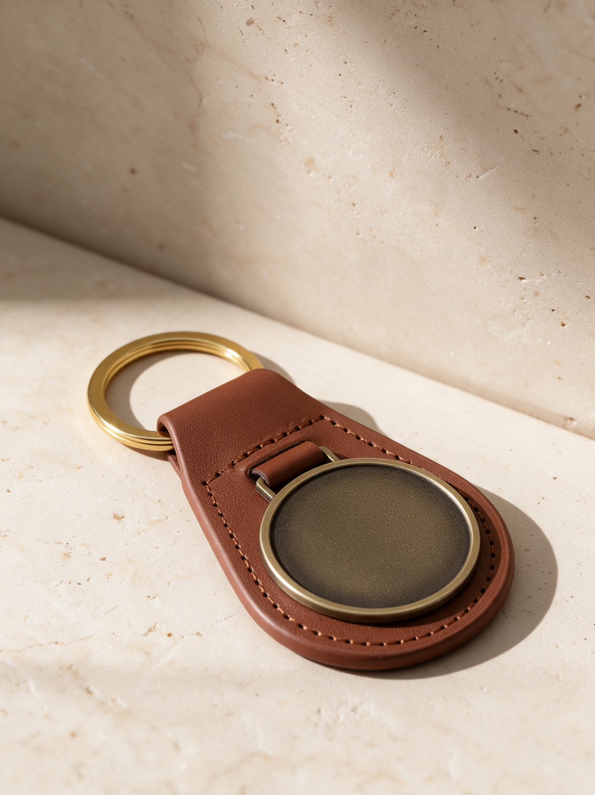 Brown leather key chain with an antique brass medallion and gold ring, on warm stone