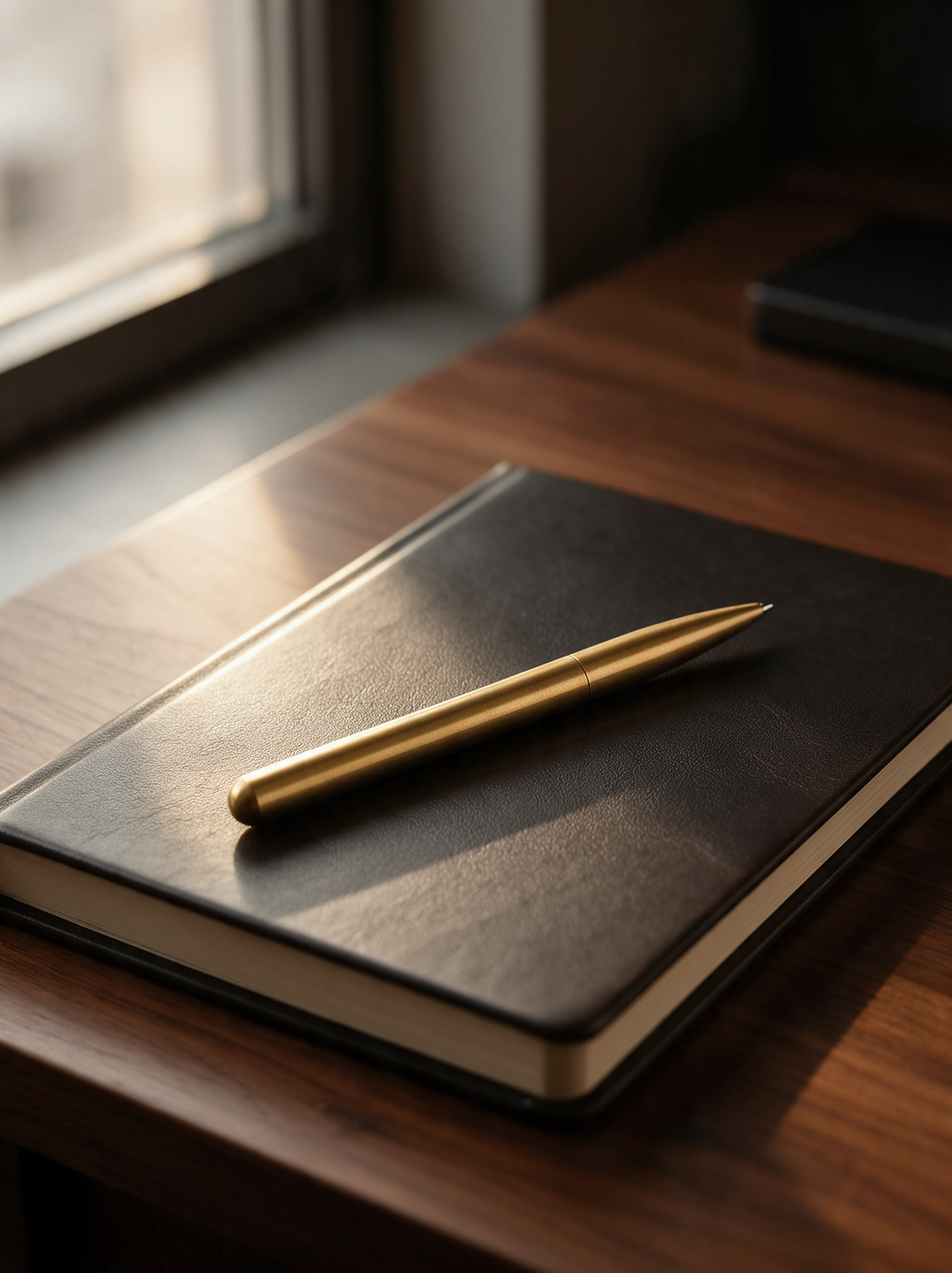 Brass twist pen on a leather notebook