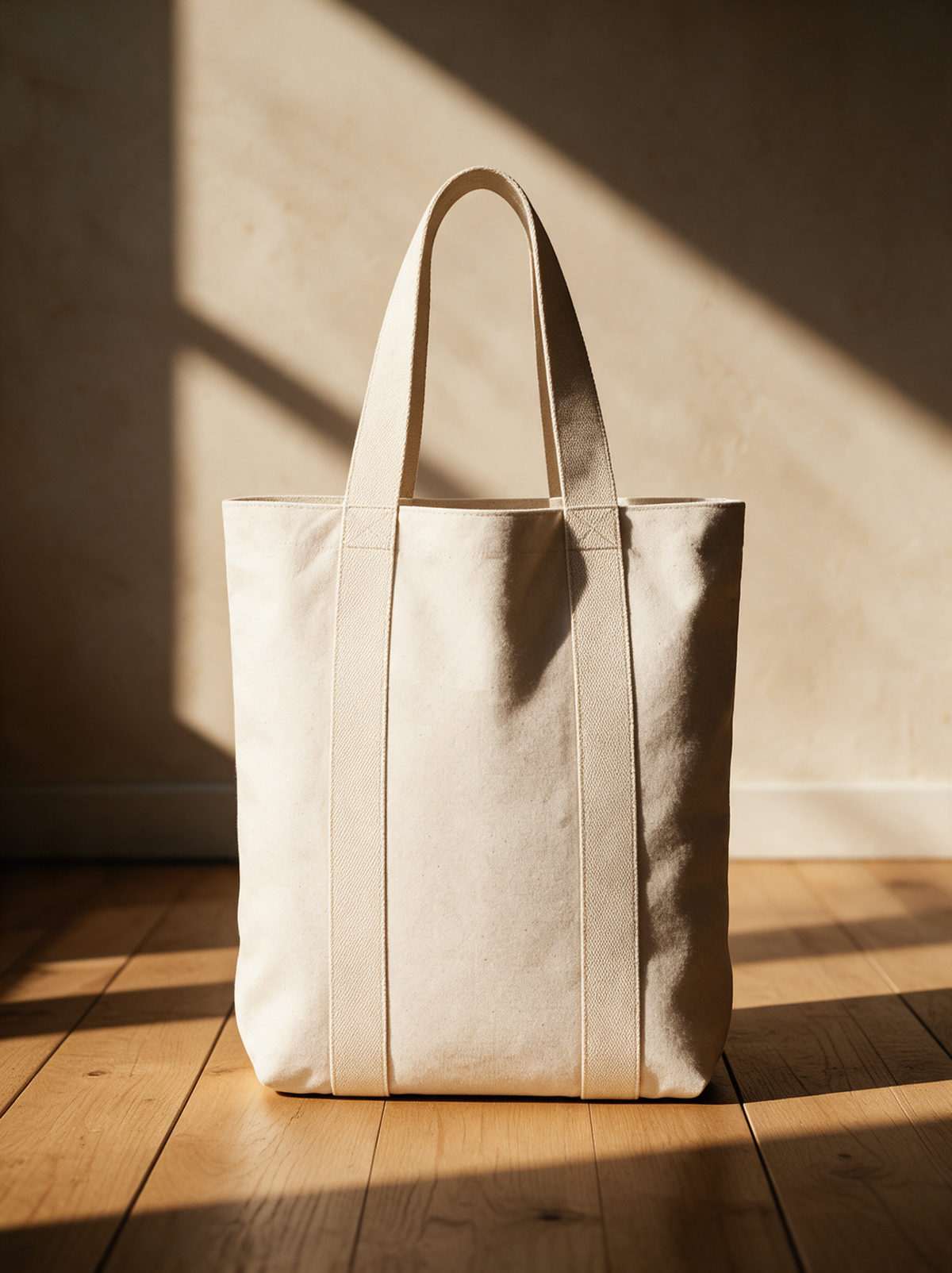 Canvas tote with wide cream straps, standing on oak floorboards