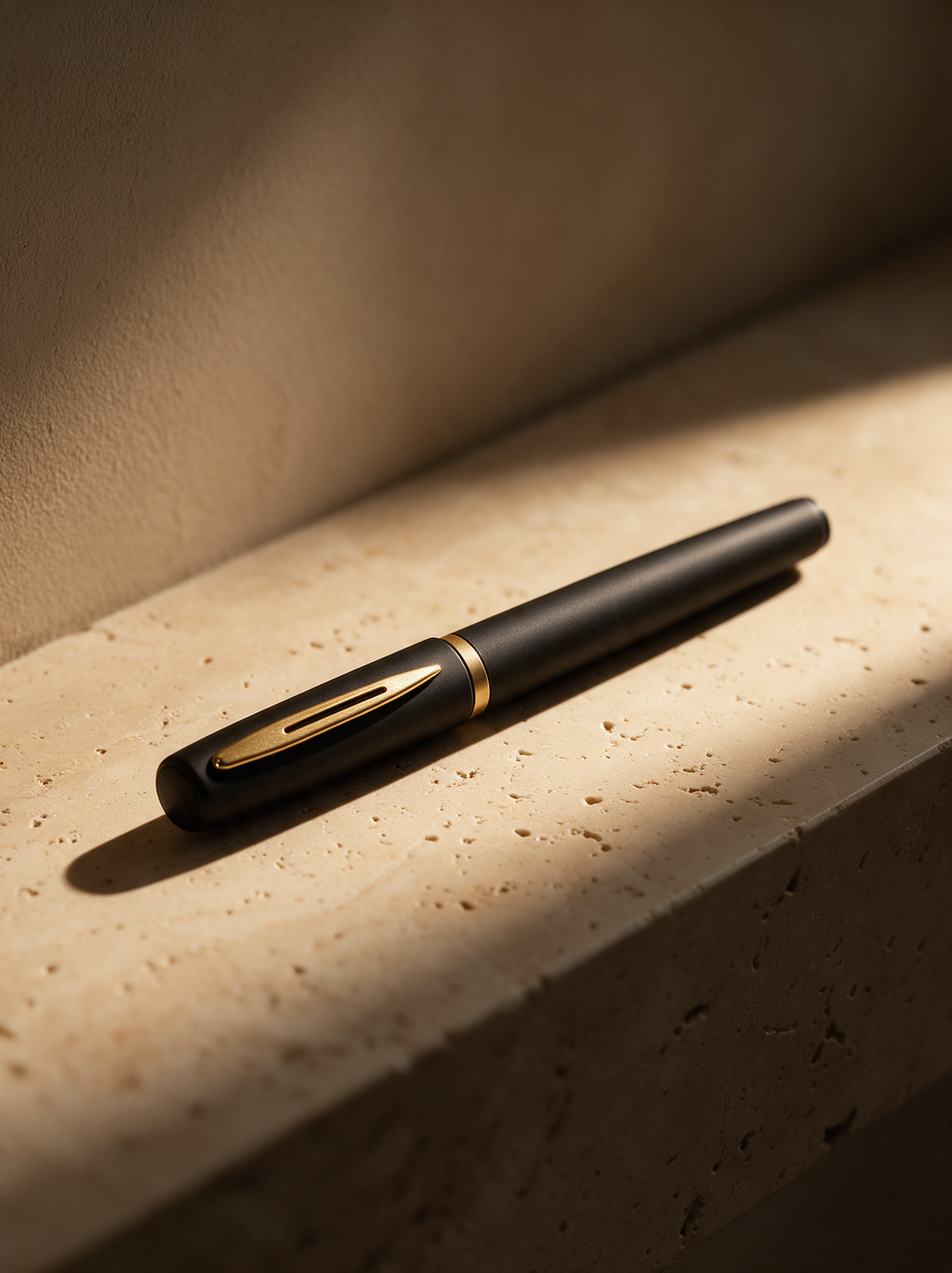 Matte black pen with gold trim on a stone ledge