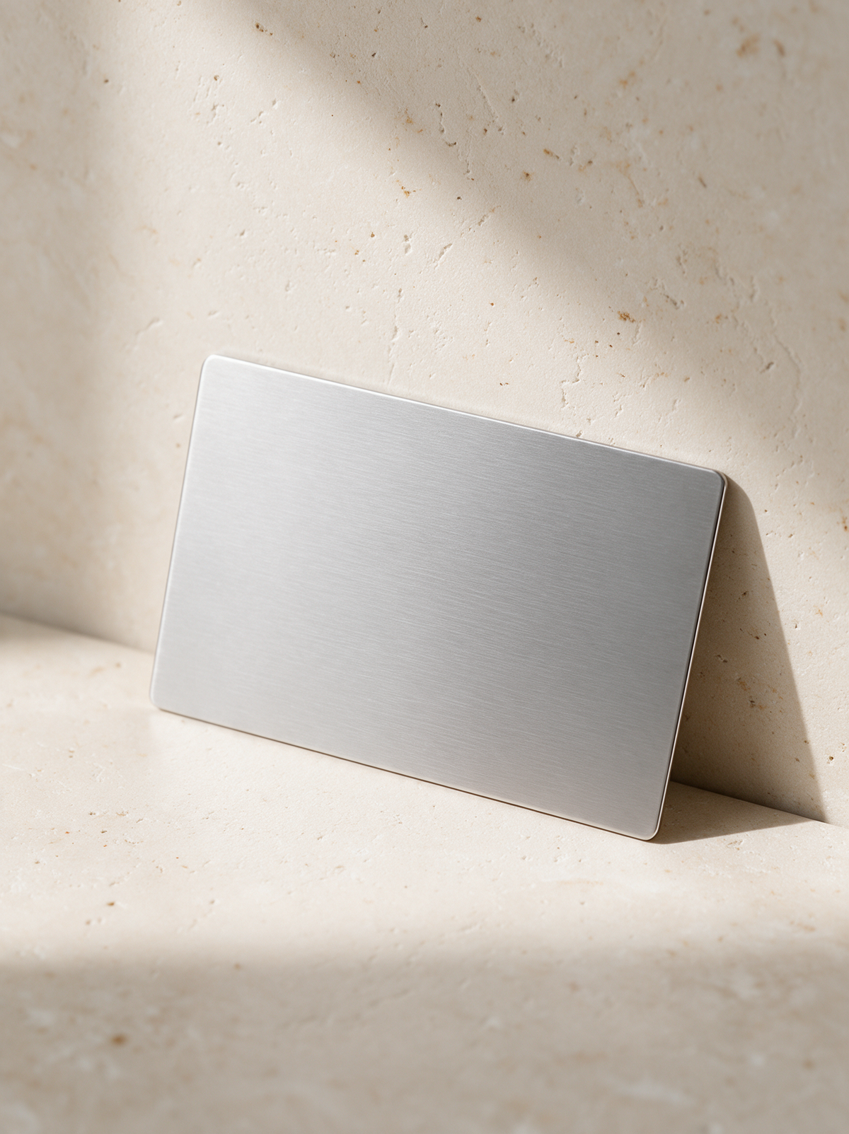 Metal business card, brushed silver, in a warm stone setting