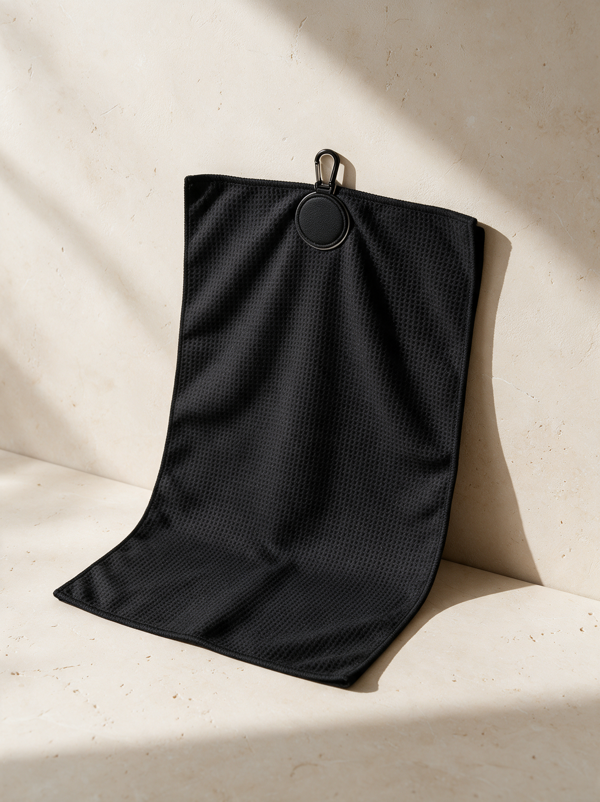 Magnetic golf towel, Black, on warm stone