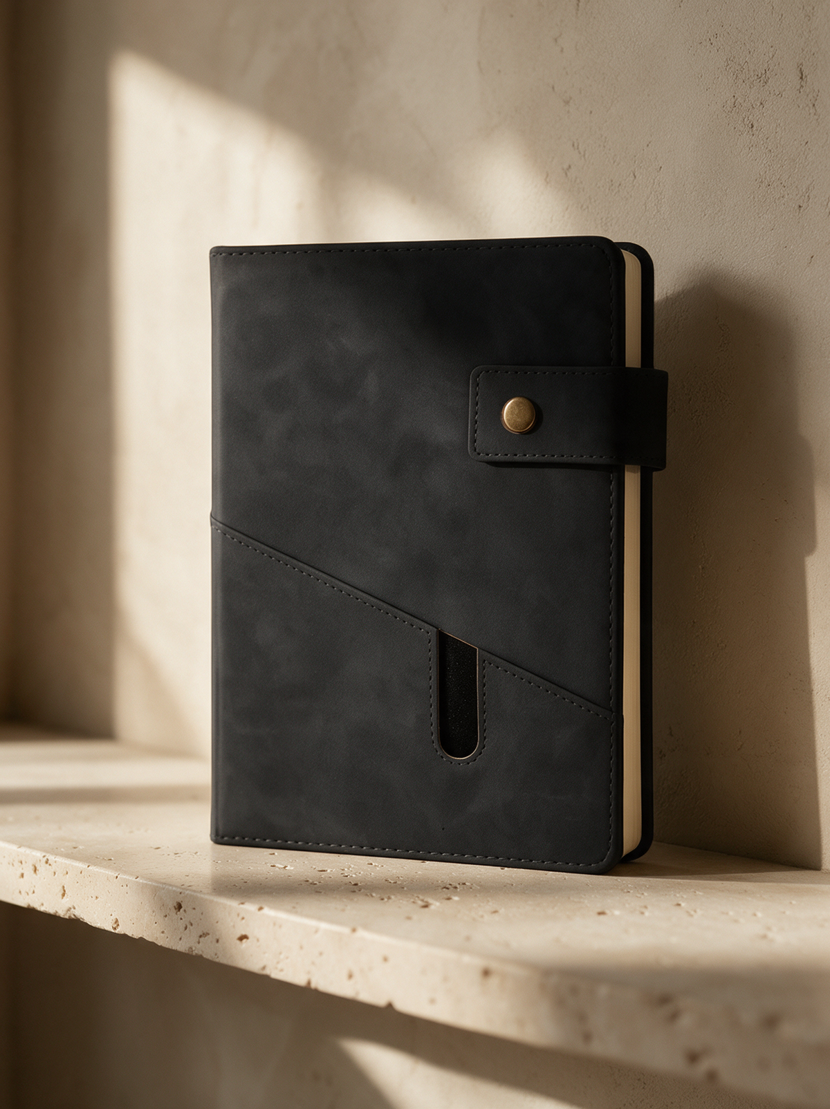 A5 notebook in black, standing on a limestone shelf