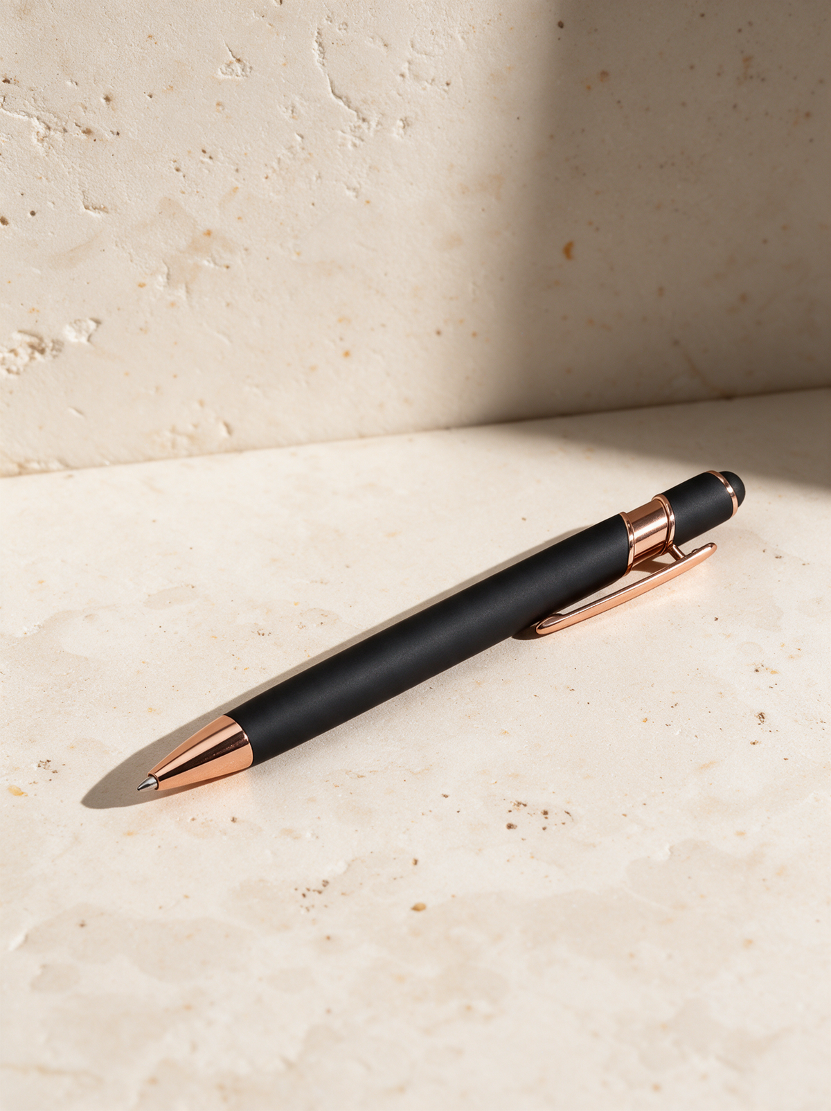 The Office Pen in black, on warm stone
