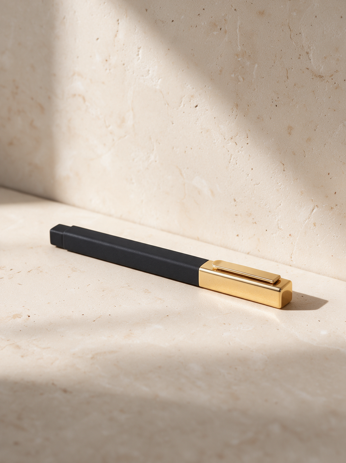 Soft-touch pen with a gold-tone cap, in a warm stone setting