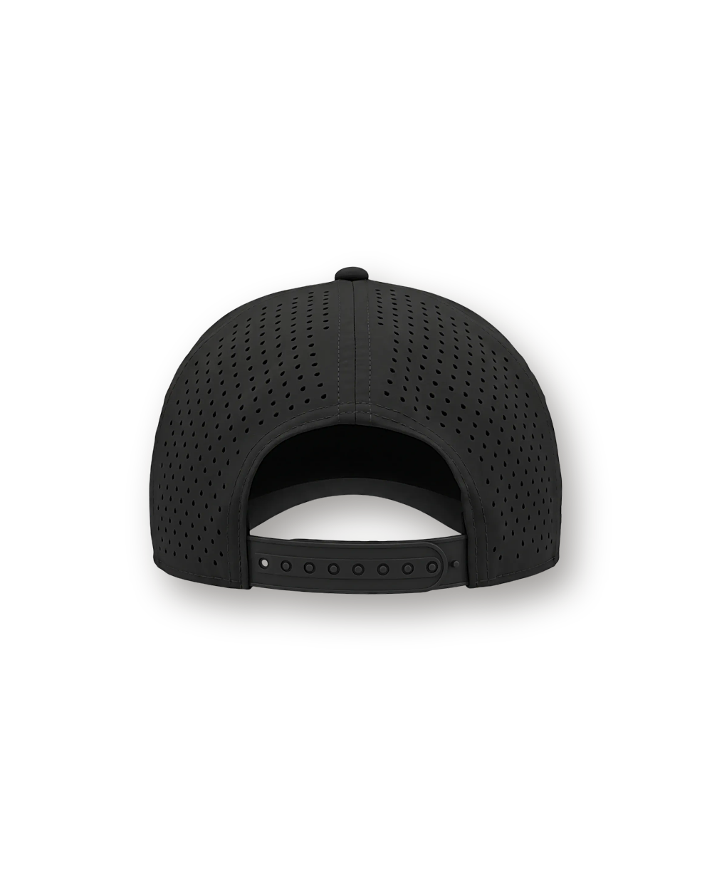 The Performance Cap in black, back view with the snapback strap