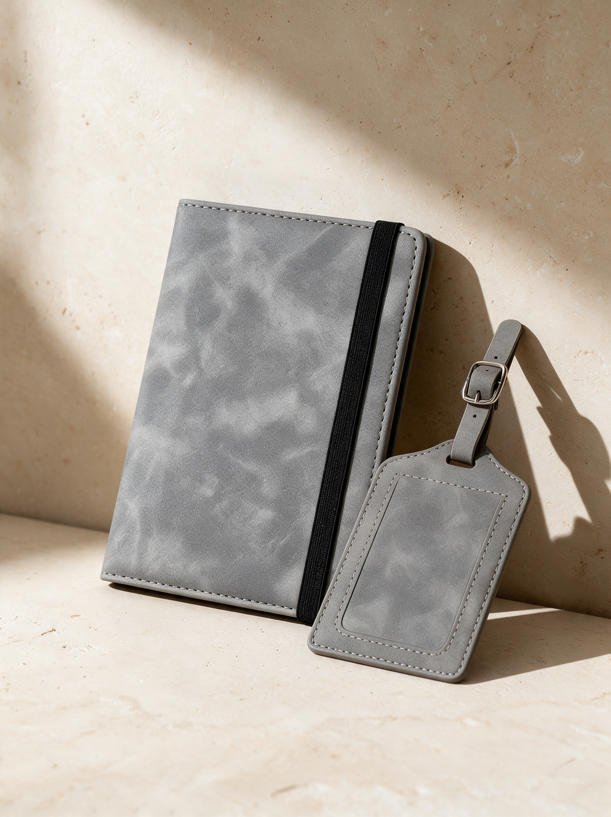 The Passport & Luggage Tag Set in a warm stone setting