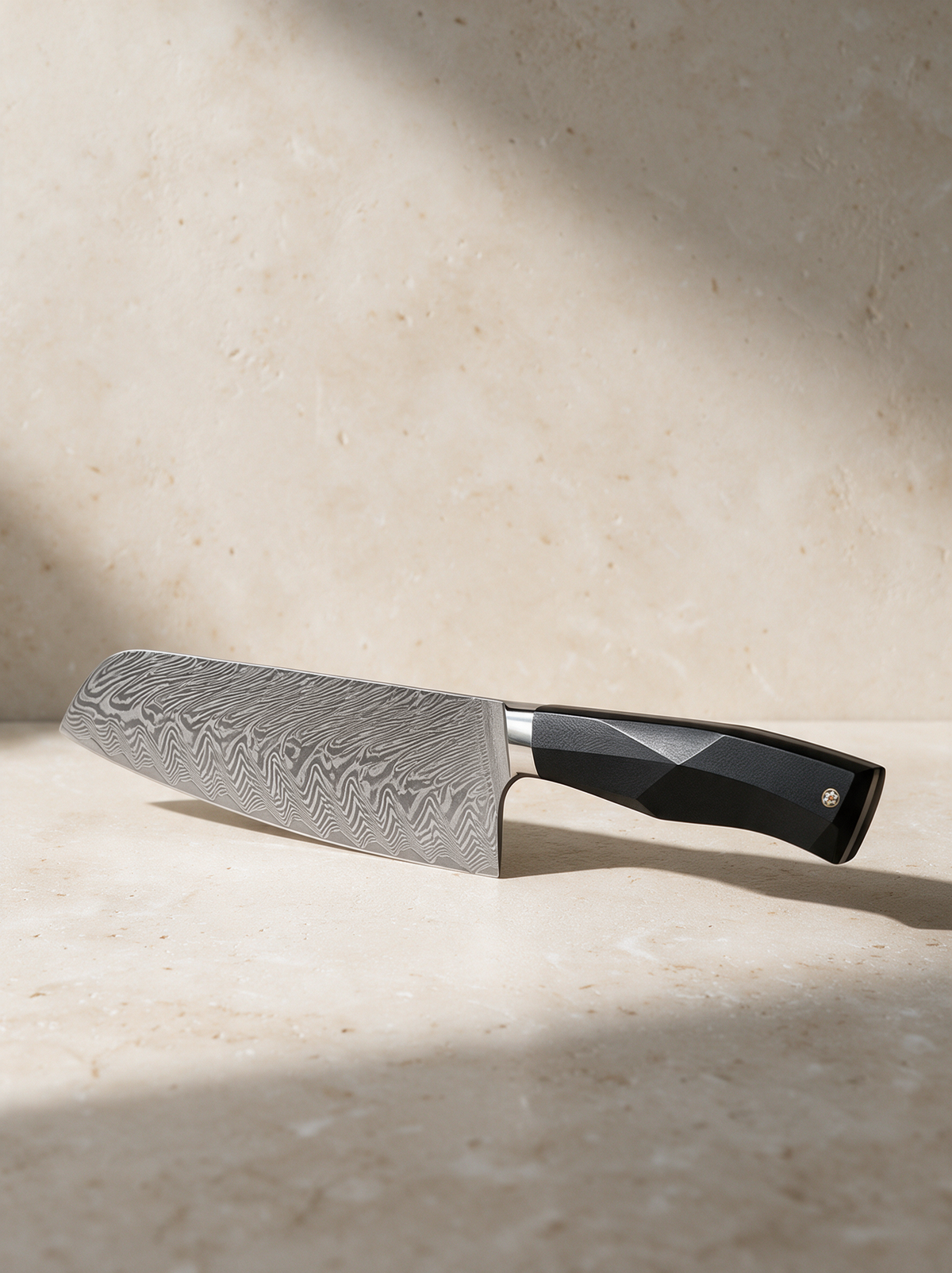 The Santoku Knife in a warm stone setting