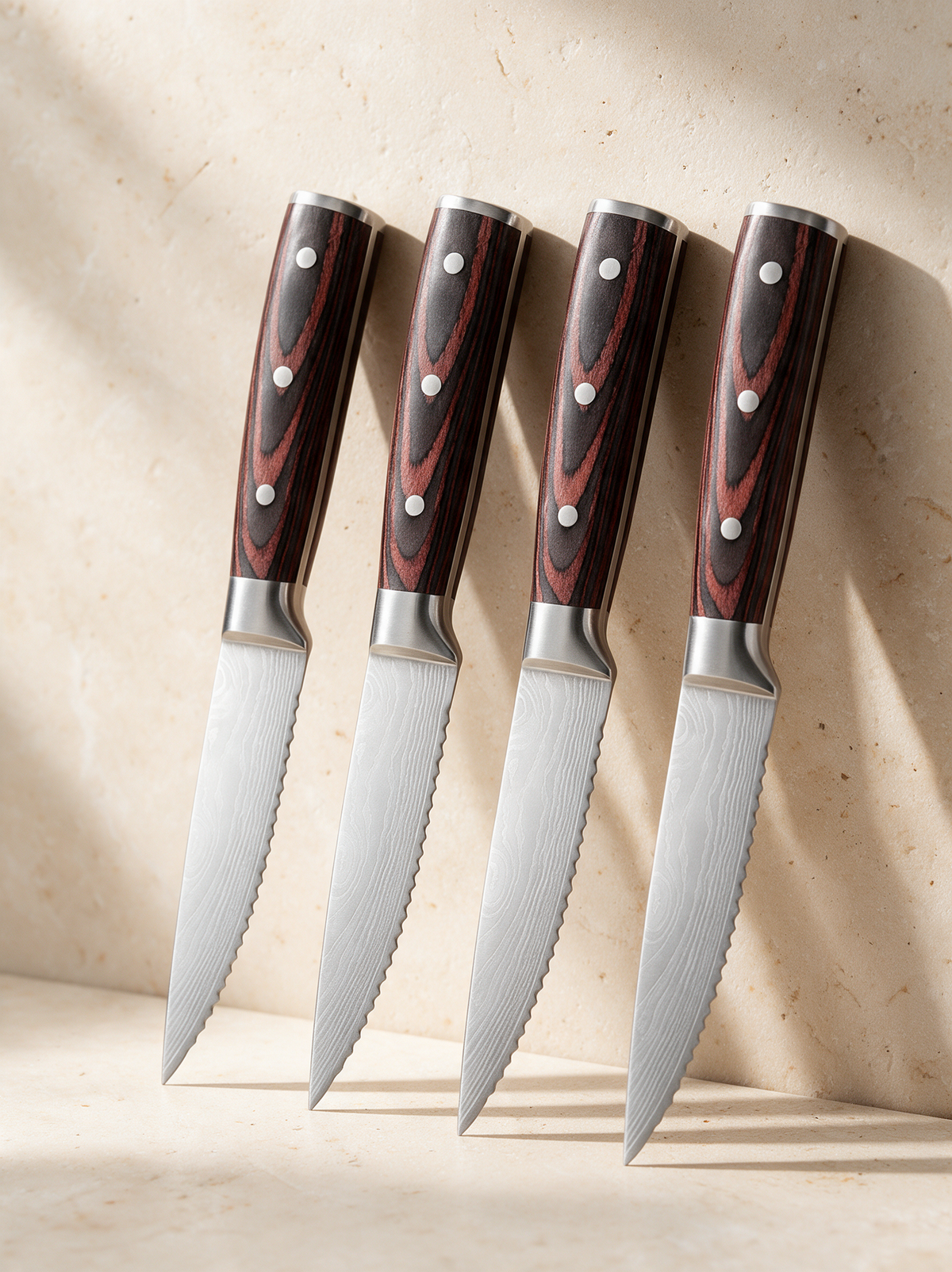 The Steak Knife Set in a warm stone setting