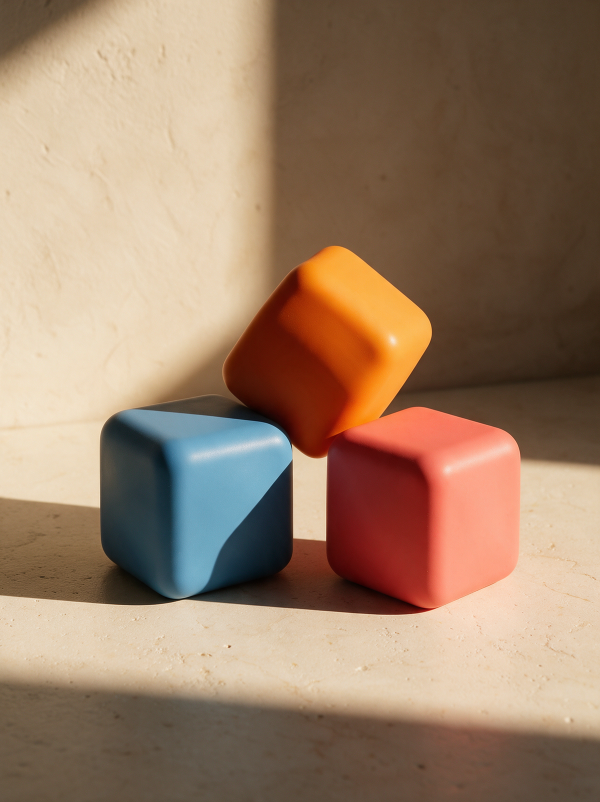 Squeeze cubes in blue, orange and coral on warm stone