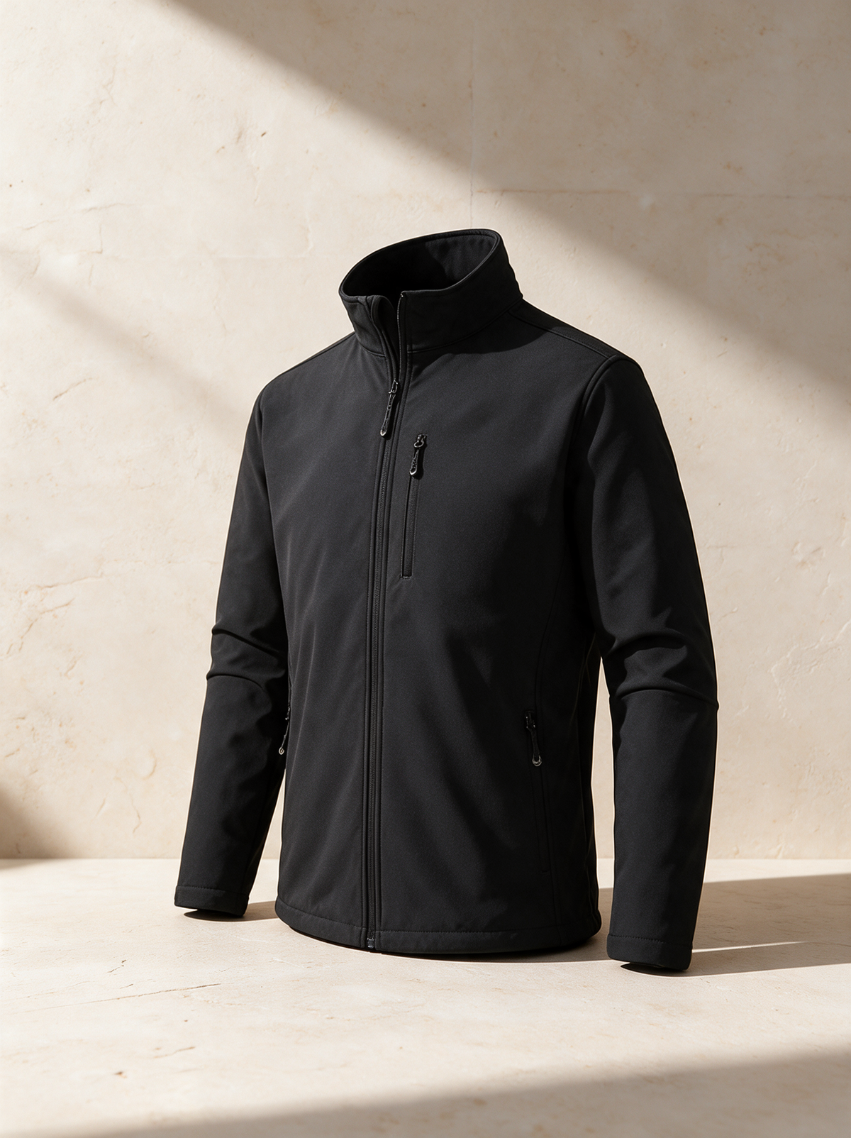 The Soft Shell in black, in a warm stone setting