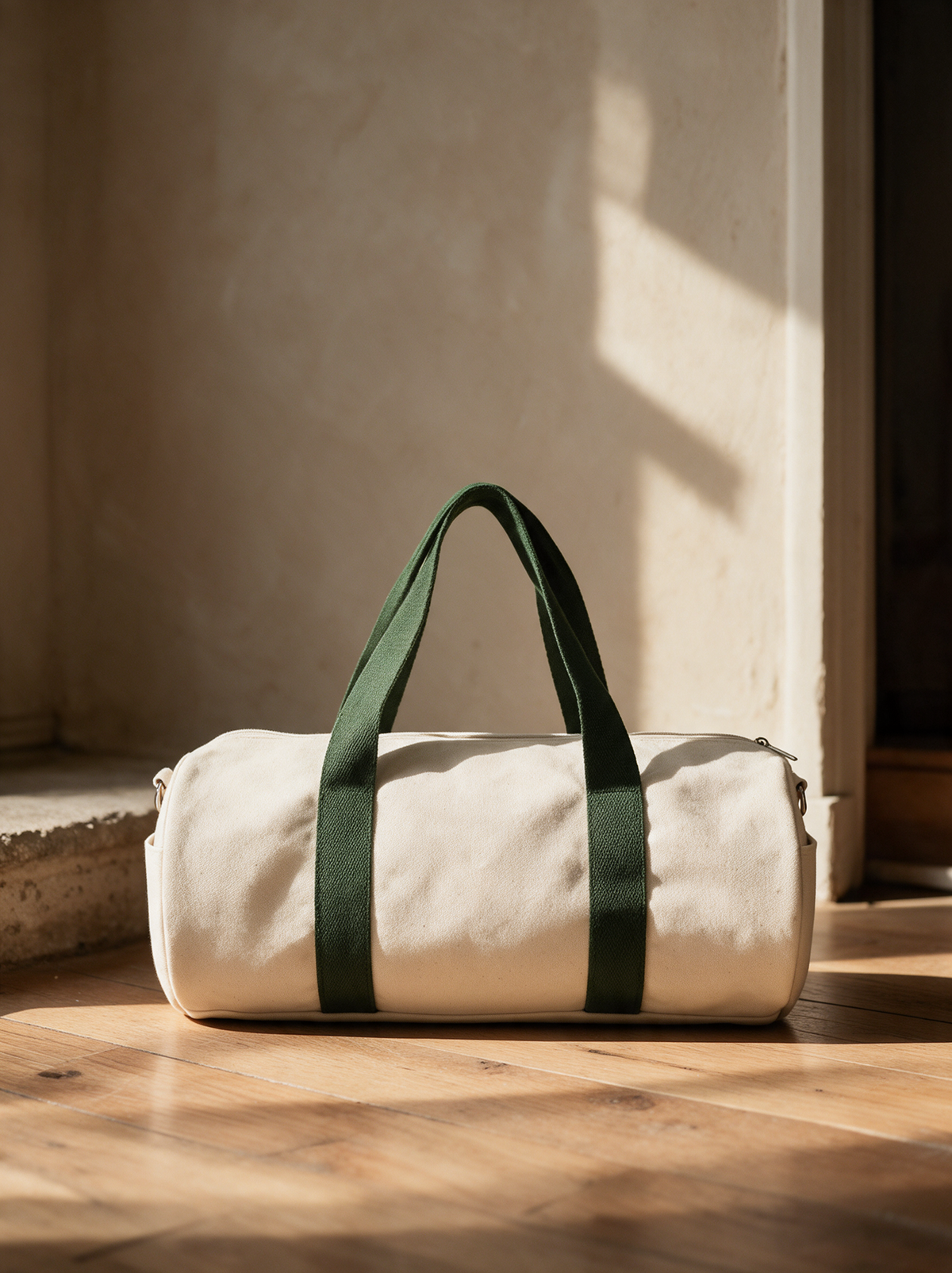 Canvas travel bag, natural with green handles, on warm oak floorboards