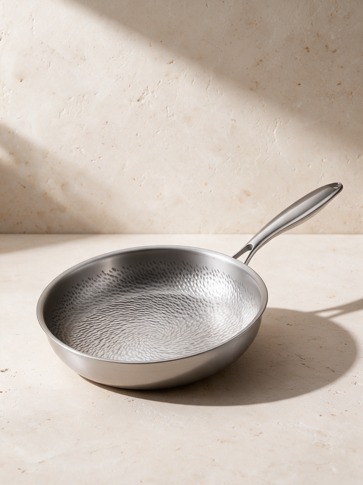 The Titanium Pan in a warm stone setting