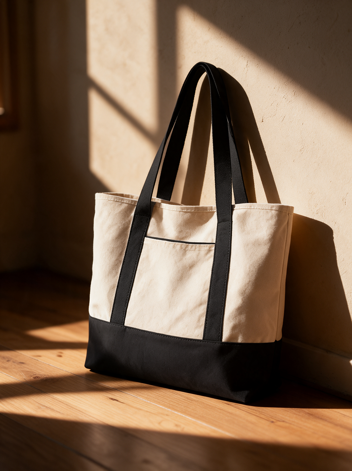 Canvas tote bag with black trim, standing on oak floorboards