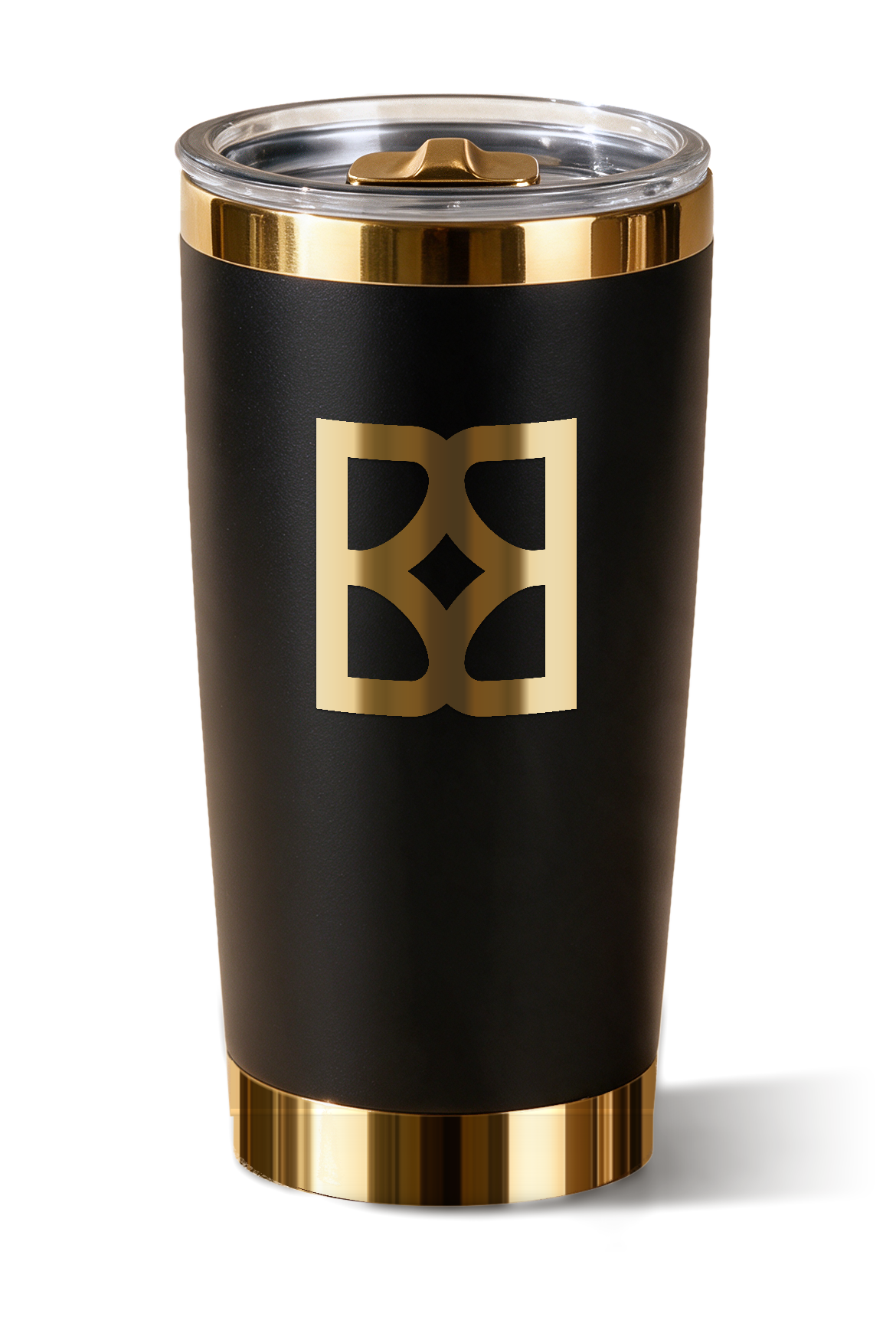 Example: the Branded Best mark engraved in polished gold on the matte black tumbler