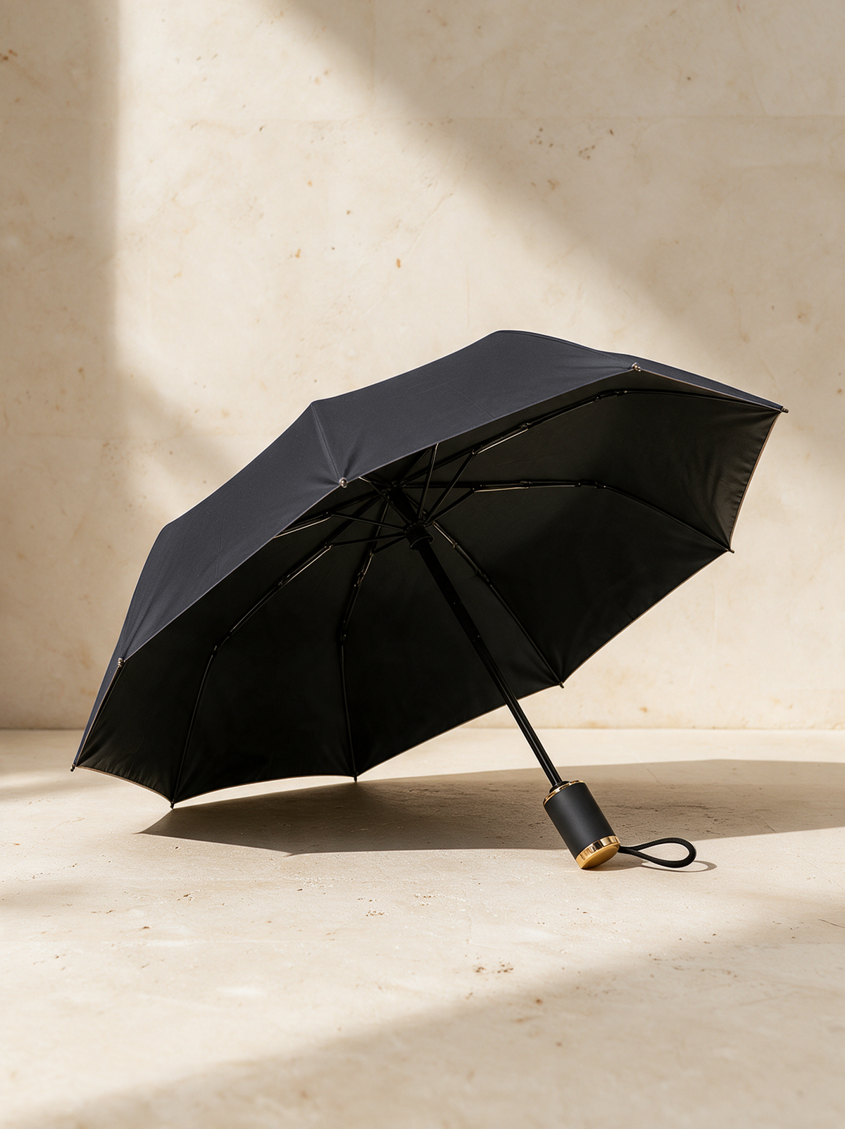 Black compact umbrella with a gold-tone handle ring, resting on warm stone