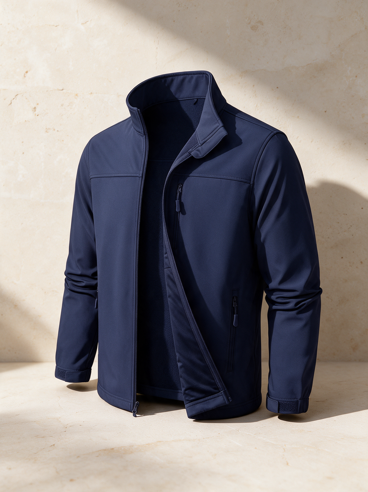 The Windbreaker in navy, in a warm stone setting