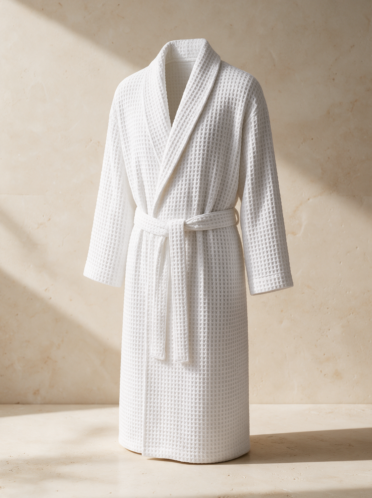 The Waffle Bath Robe in a warm stone setting