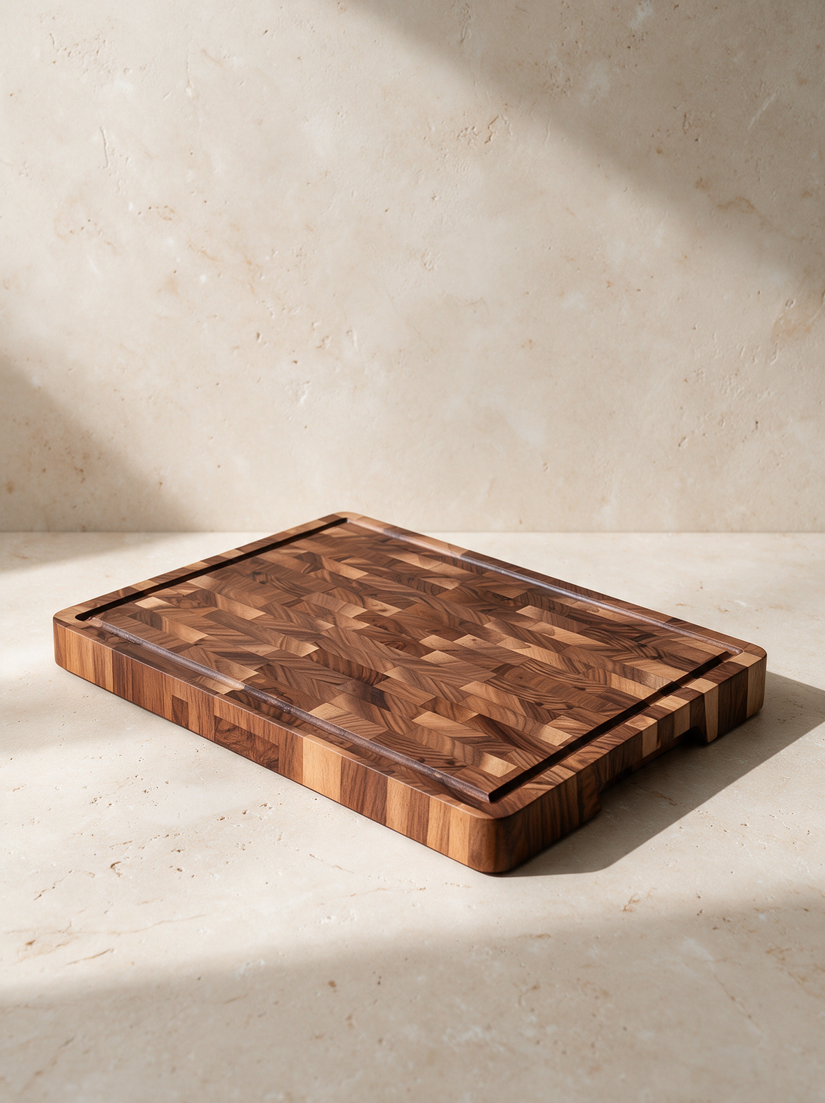 The Walnut Cutting Board in a warm stone setting
