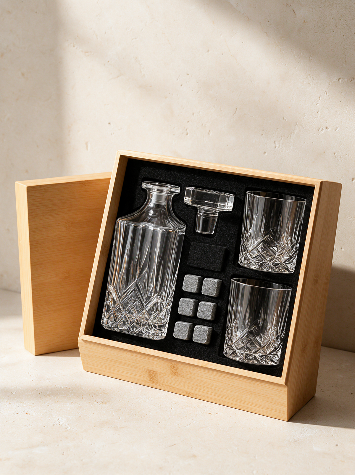 The Whisky Decanter Set in a warm stone setting
