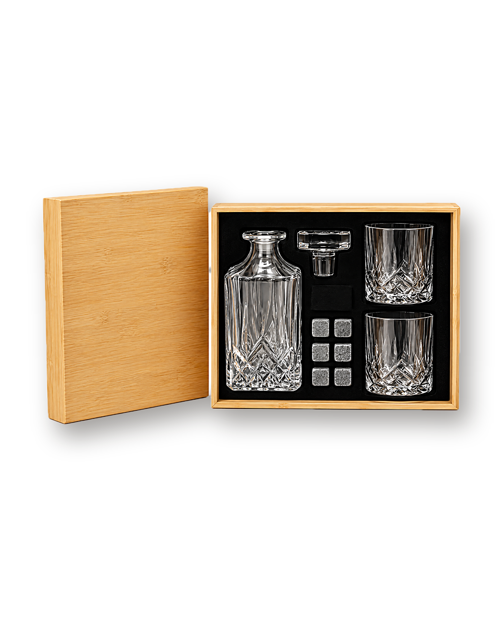 Whisky decanter set in its bamboo box, the lid beside it