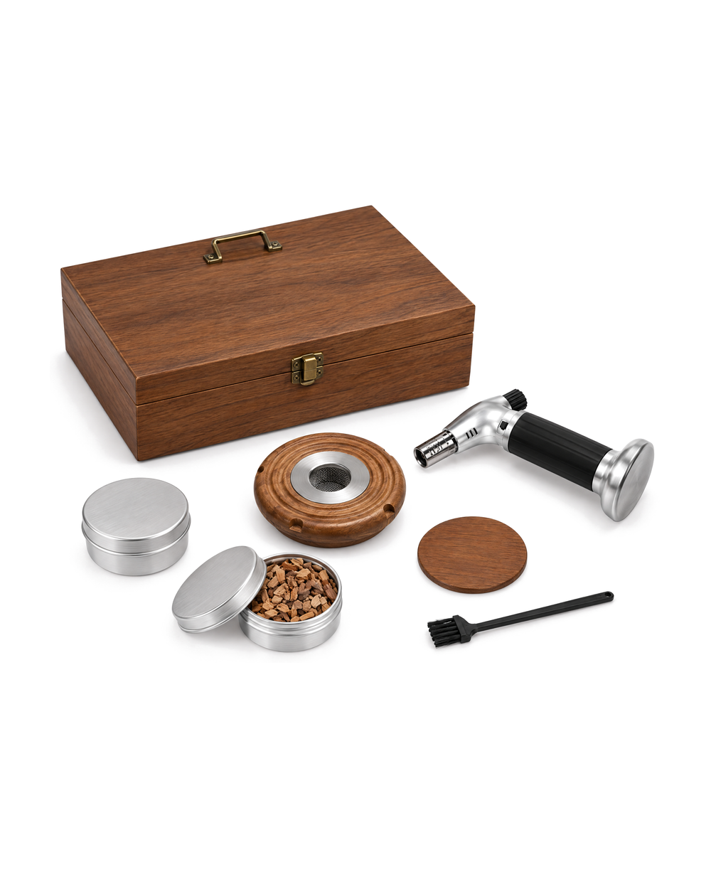 Whiskey smoker kit with its walnut-tone gift box
