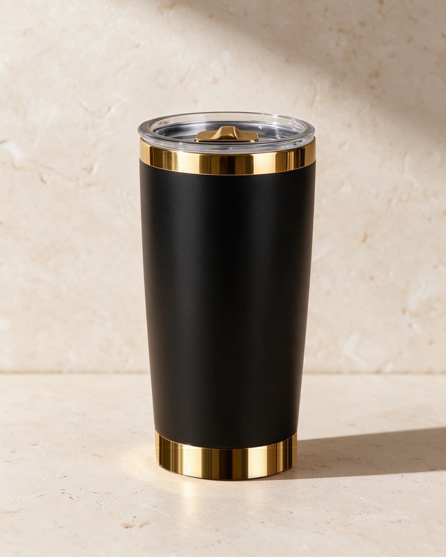 The black and gold tumbler on a stone ledge